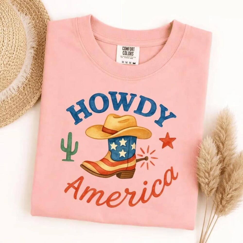 S Howdy America T-Shirt Patriotic Cowboy Boot tee